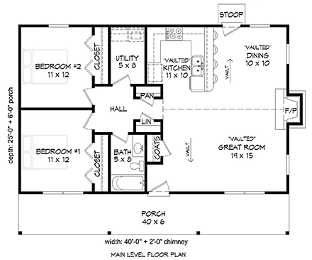 Cabin, Country, Ranch House Plan 51571 with 2 Beds, 1 Baths First Level Plan