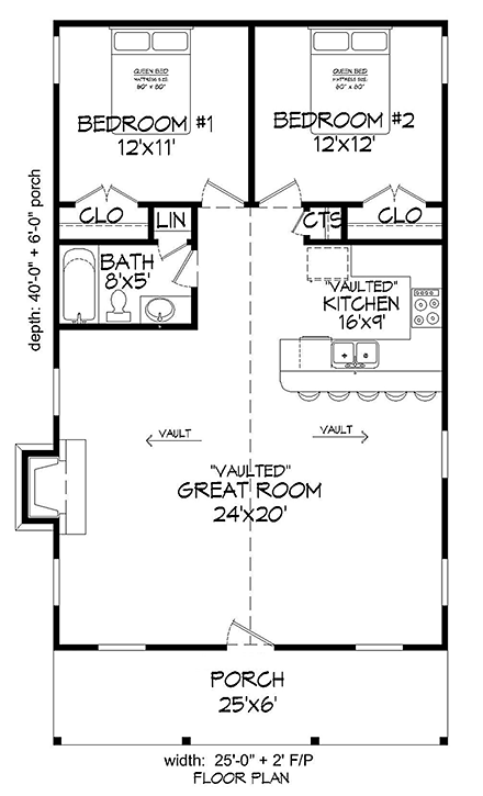 Cabin, Country, Southern House Plan 51574 with 2 Beds, 1 Baths First Level Plan
