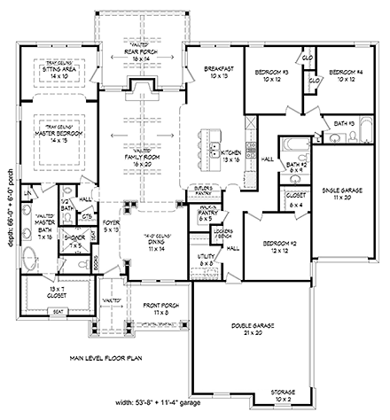 Craftsman House Plan 51575 with 4 Beds, 3 Baths, 3 Car Garage First Level Plan