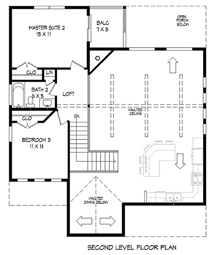 Cabin, Cottage, Country, Southern House Plan 51583 with 3 Beds, 3 Baths Second Level Plan