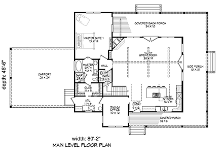 Country, Farmhouse, Southern House Plan 51593 with 3 Beds, 3 Baths, 2 Car Garage First Level Plan