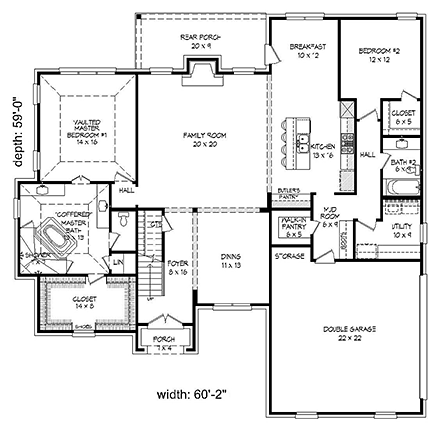 European House Plan 51595 with 4 Beds, 3 Baths, 2 Car Garage First Level Plan