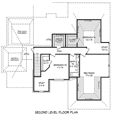 European House Plan 51595 with 4 Beds, 3 Baths, 2 Car Garage Second Level Plan