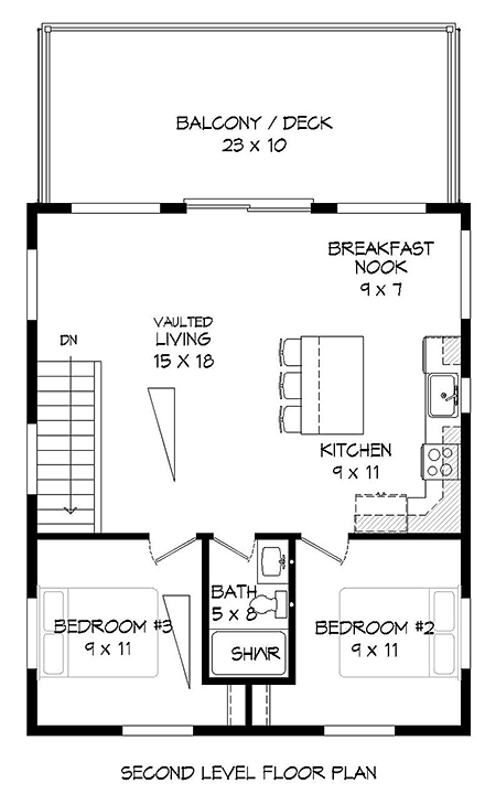 Contemporary, Modern Garage-Living Plan 51597 with 3 Beds, 2 Baths, 1 Car Garage Second Level Plan