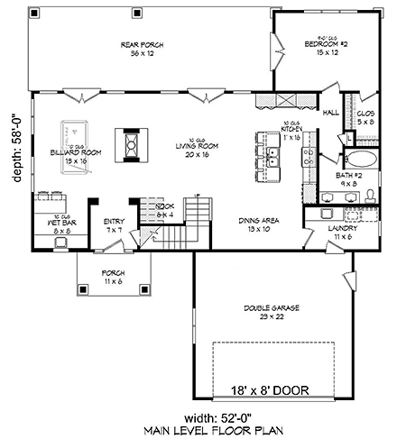 Colonial, Southern, Traditional House Plan 51599 with 3 Beds, 3 Baths, 2 Car Garage First Level Plan