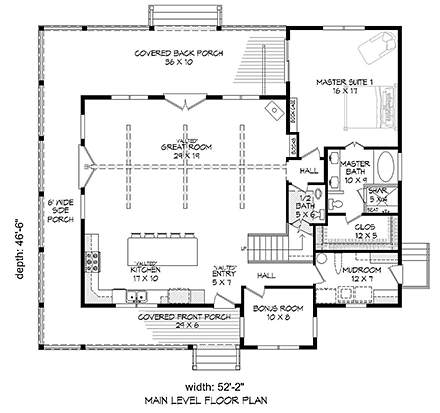 Country, Southern House Plan 51605 with 3 Beds, 3 Baths First Level Plan