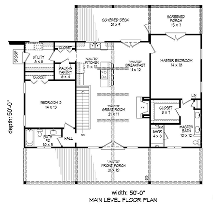 Contemporary, Country House Plan 51606 with 2 Beds, 2 Baths, 1 Car Garage First Level Plan