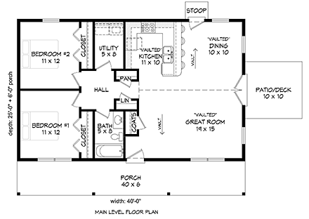 Country, Ranch House Plan 51610 with 2 Beds, 1 Baths First Level Plan