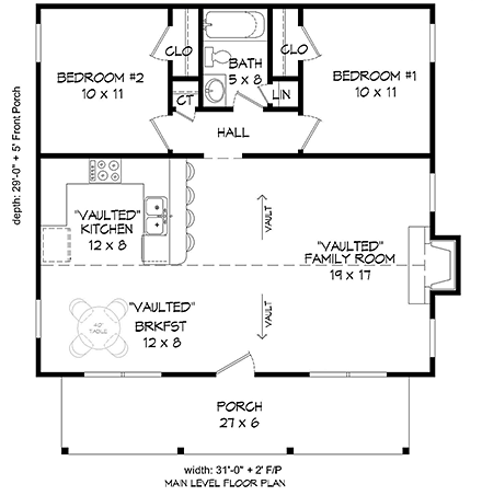 Cabin, Country House Plan 51616 with 2 Beds, 1 Baths First Level Plan