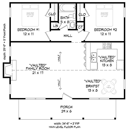 Cabin, Country, Ranch, Southern House Plan 51618 with 2 Beds, 1 Baths First Level Plan