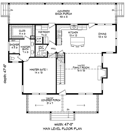 Country, Craftsman, Southern, Traditional House Plan 51619 with 2 Beds, 3 Baths First Level Plan