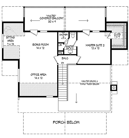 Country, Craftsman, Southern, Traditional House Plan 51619 with 2 Beds, 3 Baths Second Level Plan