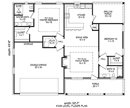 European, Ranch, Southern, Traditional House Plan 51623 with 2 Beds, 2 Baths, 2 Car Garage First Level Plan