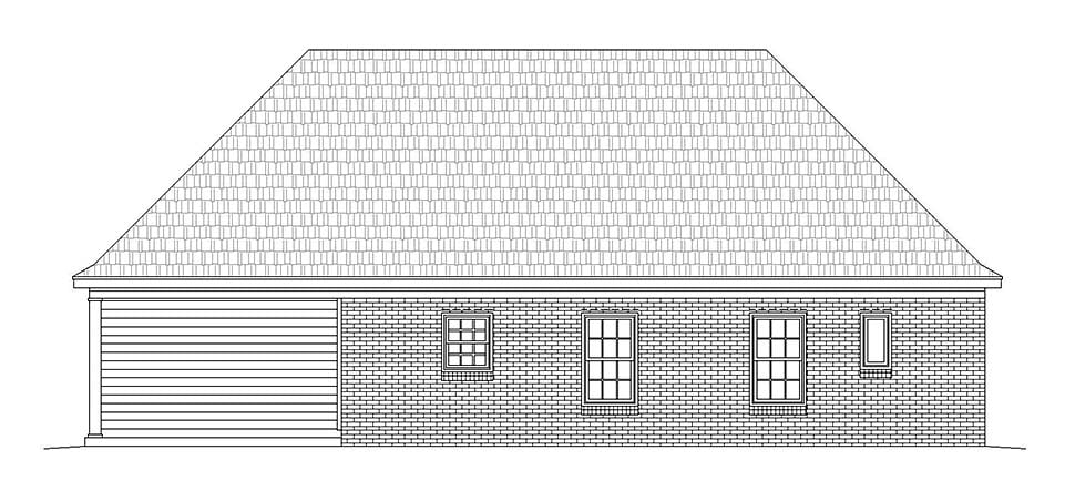 European, Ranch, Southern, Traditional Plan with 1370 Sq. Ft., 2 Bedrooms, 2 Bathrooms, 2 Car Garage Rear Elevation