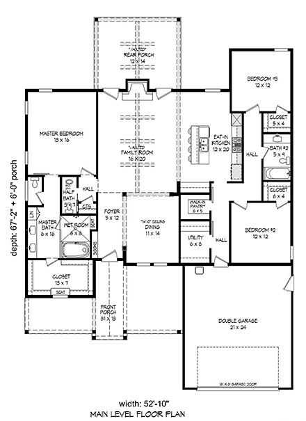 Country, Craftsman, Southern House Plan 51631 with 3 Beds, 3 Baths, 2 Car Garage First Level Plan