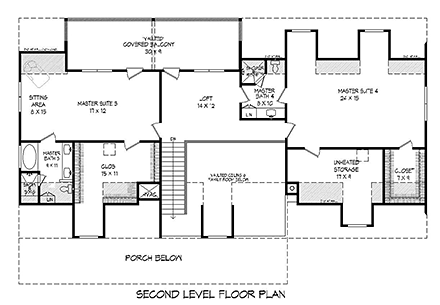 Country, Southern House Plan 51637 with 4 Beds, 5 Baths, 2 Car Garage Second Level Plan