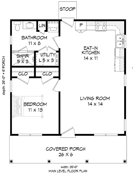 Cabin, Country, Southern, Traditional House Plan 51640 with 1 Beds, 1 Baths First Level Plan