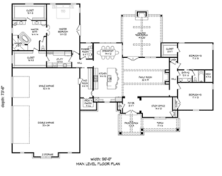 Country, Craftsman, Ranch House Plan 51646 with 3 Beds, 3 Baths, 3 Car Garage First Level Plan