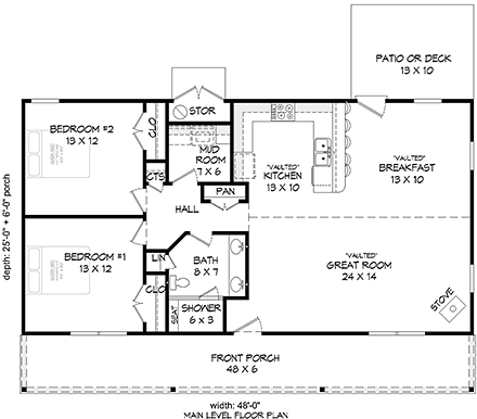 Cabin, Ranch, Southern House Plan 51650 with 2 Beds, 1 Baths First Level Plan