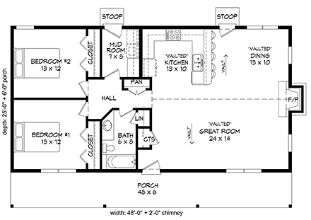 Cabin, Ranch House Plan 51658 with 2 Beds, 1 Baths First Level Plan