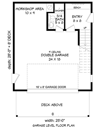 Coastal, Contemporary, Modern Garage-Living Plan 51680 with 1 Beds, 2 Baths, 2 Car Garage First Level Plan