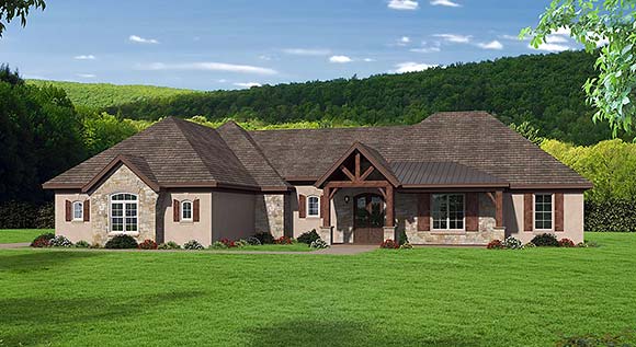 Bungalow, Country, Craftsman, European, French Country, Ranch, Traditional House Plan 51687 with 3 Beds, 3 Baths, 3 Car Garage Elevation
