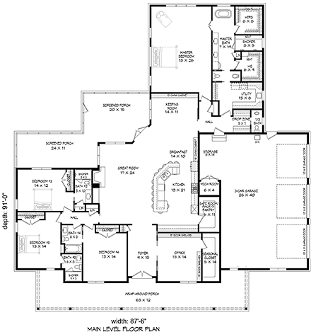 Contemporary, Country, Ranch House Plan 51688 with 4 Beds, 5 Baths, 3 Car Garage First Level Plan