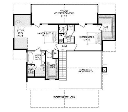 Bungalow, Cottage, Country, Craftsman, Farmhouse, Log, Tudor House Plan 51689 with 3 Beds, 4 Baths Second Level Plan