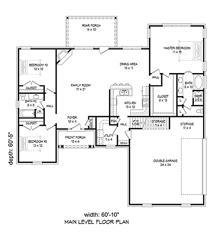 Bungalow, Colonial, Country, Craftsman, European, Farmhouse, French Country, Ranch, Traditional House Plan 51693 with 3 Beds, 2 Baths, 2 Car Garage First Level Plan