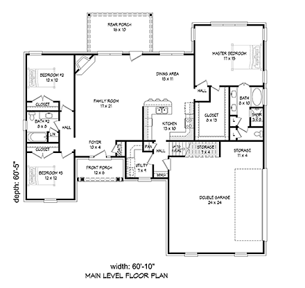 Bungalow, Colonial, Country, Craftsman, European, Farmhouse, French Country, Ranch, Traditional House Plan 51694 with 3 Beds, 3 Baths, 2 Car Garage First Level Plan