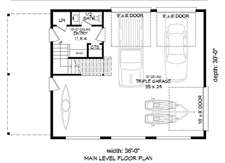 Coastal, Contemporary, Modern Garage-Living Plan 51695 with 1 Beds, 2 Baths, 3 Car Garage First Level Plan