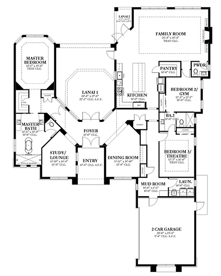 Coastal, Contemporary, Florida, Mediterranean, Modern House Plan 51709 with 3 Beds, 3 Baths, 2 Car Garage First Level Plan