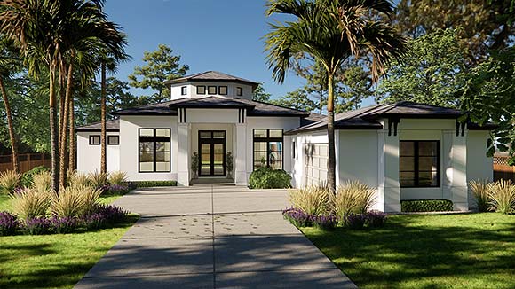 Coastal, Contemporary, Florida, Mediterranean, Modern House Plan 51709 with 3 Beds, 3 Baths, 2 Car Garage Elevation