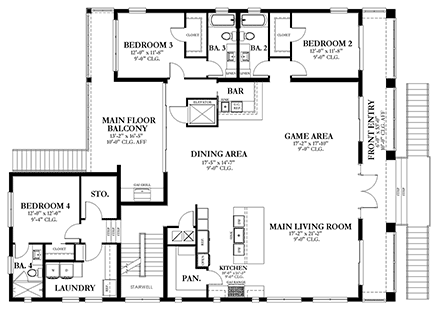 Coastal, Colonial, Contemporary House Plan 51711 with 4 Beds, 4 Baths, 2 Car Garage First Level Plan