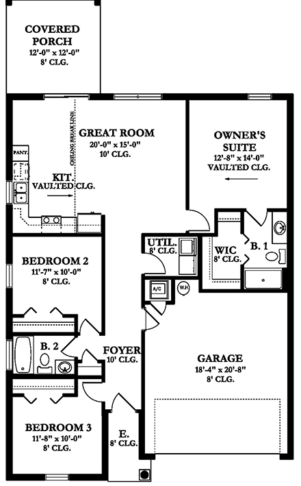 Bungalow, Country, Craftsman, Florida, Mediterranean House Plan 51713 with 3 Beds, 2 Baths, 2 Car Garage First Level Plan