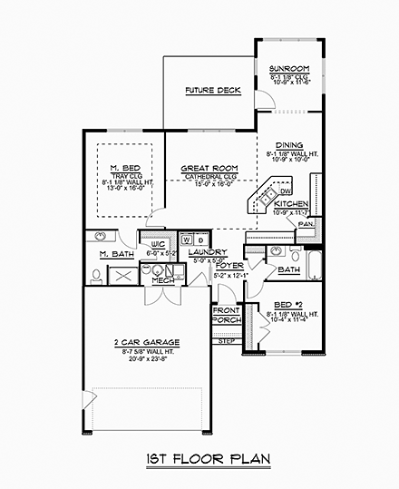 Bungalow House Plan 51805 with 2 Beds, 2 Baths, 2 Car Garage First Level Plan
