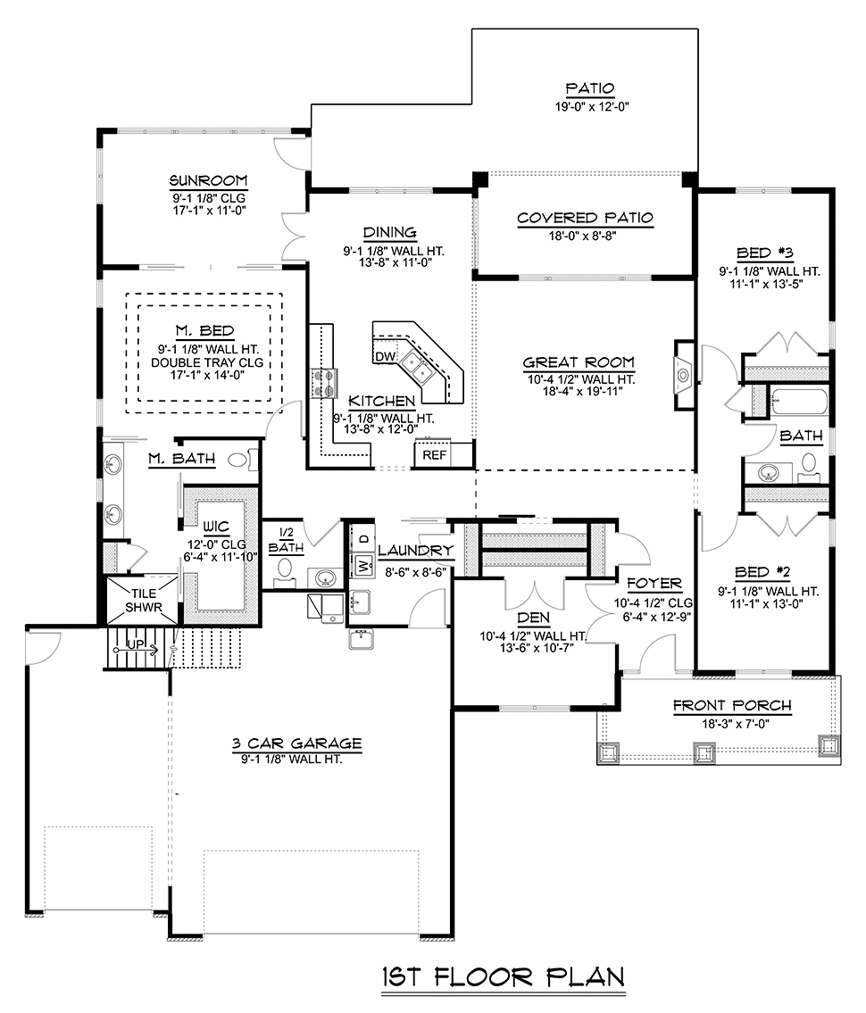 Bungalow, Country, Craftsman, Traditional House Plan 51819 with 3 Beds, 3 Baths, 3 Car Garage Level One