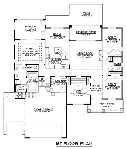 Bungalow, Country, Craftsman, Traditional House Plan 51819 with 3 Beds, 3 Baths, 3 Car Garage First Level Plan