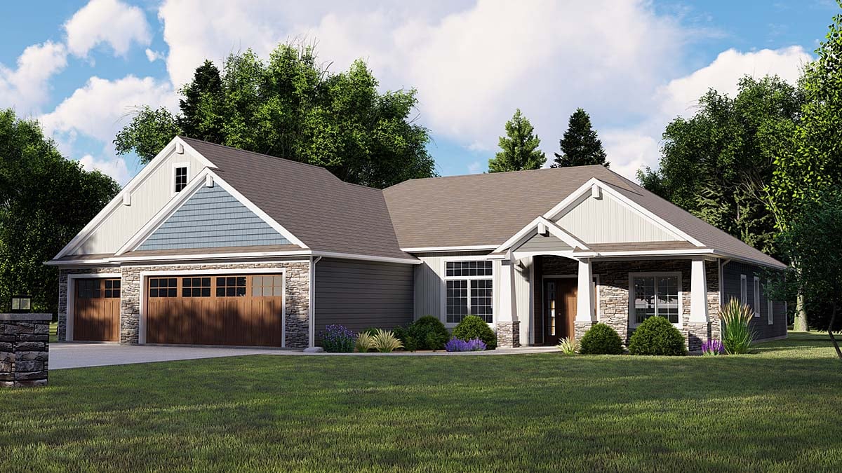 Bungalow, Country, Craftsman, Traditional House Plan 51819 with 3 Beds, 3 Baths, 3 Car Garage Elevation