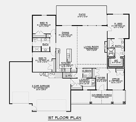 Country, Craftsman, Ranch House Plan 51826 with 3 Beds, 3 Baths, 3 Car Garage First Level Plan