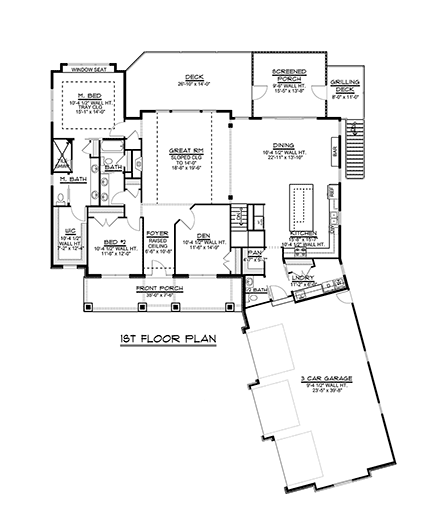 Country, Craftsman, Ranch House Plan 51854 with 4 Beds, 4 Baths, 3 Car Garage First Level Plan