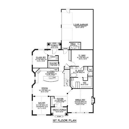 Coastal, Cottage, Country, Craftsman House Plan 51860 with 4 Beds, 3 Baths, 2 Car Garage First Level Plan