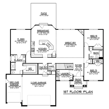 Bungalow, Craftsman, Ranch, Traditional House Plan 51862 with 3 Beds, 3 Baths, 3 Car Garage First Level Plan