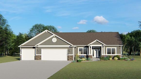 Bungalow, Craftsman, Ranch, Traditional House Plan 51862 with 3 Beds, 3 Baths, 3 Car Garage Elevation