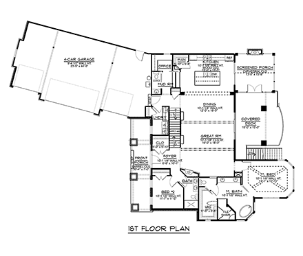 Bungalow, Coastal, Country, Craftsman House Plan 51864 with 2 Beds, 4 Baths, 4 Car Garage First Level Plan