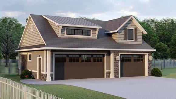 Bungalow, Cottage, Country, Craftsman, French Country 3 Car Garage Plan 51870 Elevation