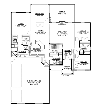 Country, European, French Country, Ranch House Plan 51872 with 3 Beds, 2 Baths, 3 Car Garage First Level Plan