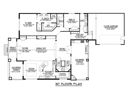 Craftsman House Plan 51880 with 4 Beds, 3 Baths, 2 Car Garage First Level Plan