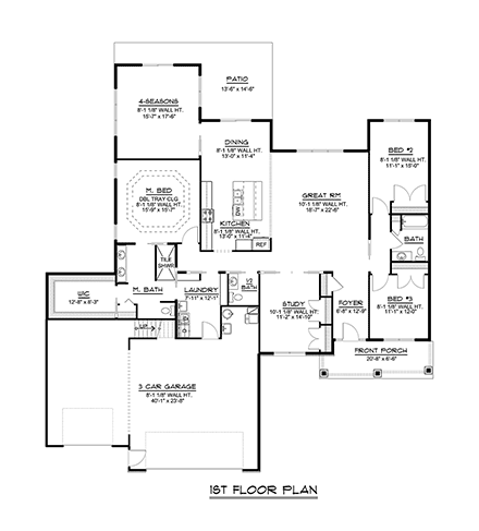 Craftsman, Ranch, Traditional House Plan 51881 with 3 Beds, 3 Baths, 3 Car Garage First Level Plan