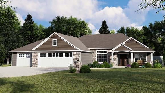 Craftsman, Ranch, Traditional House Plan 51881 with 3 Beds, 3 Baths, 3 Car Garage Elevation